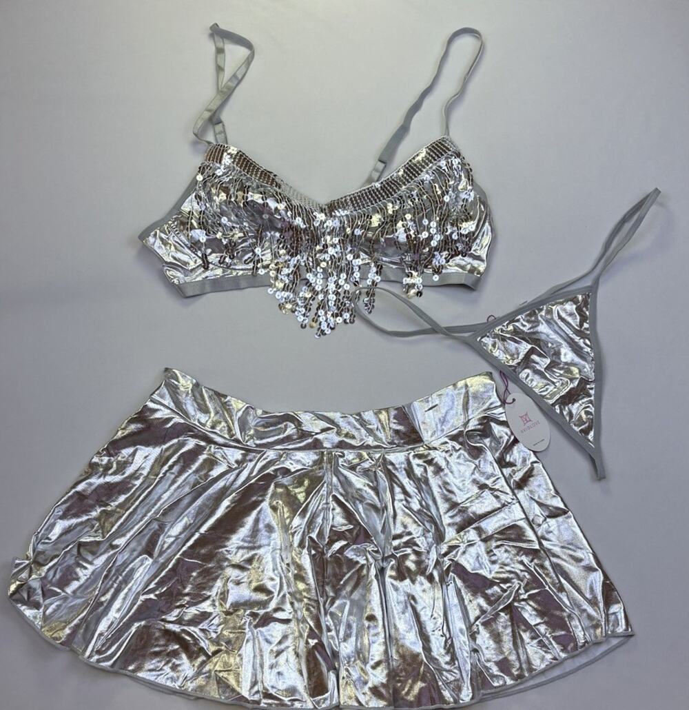Avidlove Silver 3Pc Lingerie Set Sequin Bra Skirt G String Womens 2XL NWT